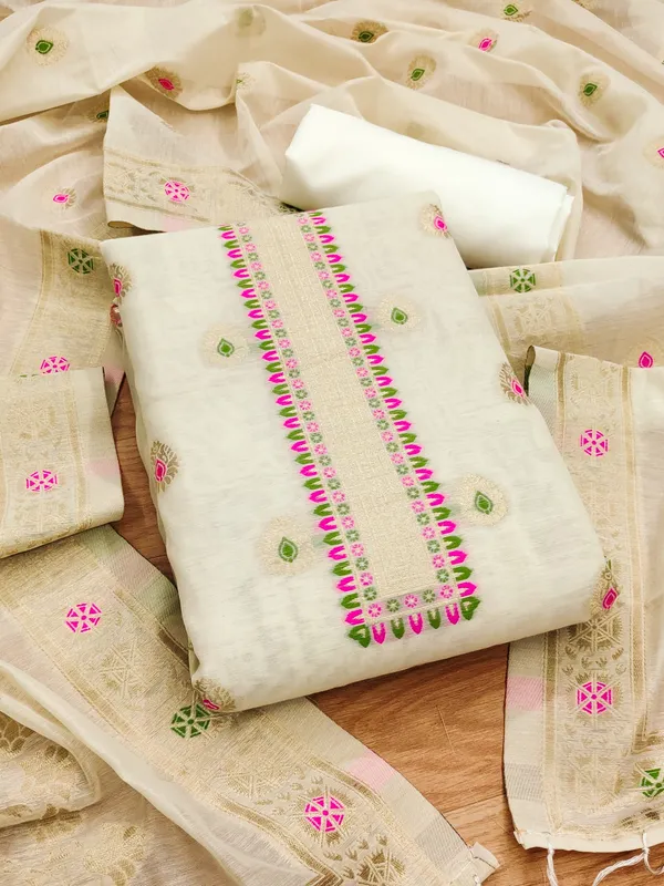 White_Chanderi_Banarasi_Cotton_Weaving_Unstitched_Kurta_Set_For_Women