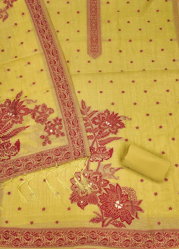 Yellow_Jamdani_Banarasi_Cotton_Weaving_Unstitched_Kurta_Set_For_Women