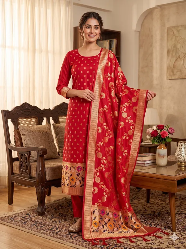 Red_Soft_Litchi_Banarasi_Silk_Weaving_Unstitched_Kurta_Set_For_Women