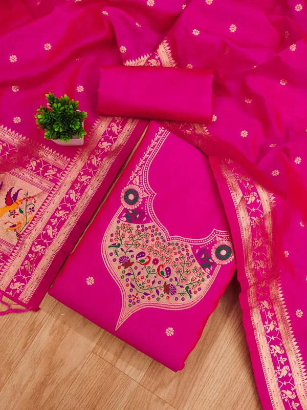 Pink_Soft_Litchi_Banarasi_Silk_Weaving_Unstitched_Kurta_Set_For_Women