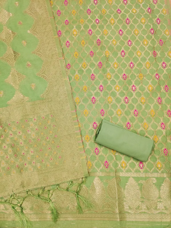 Pista_Chanderi_Banarasi_Cotton_Weaving_Unstitched_Kurta_Set_For_Women