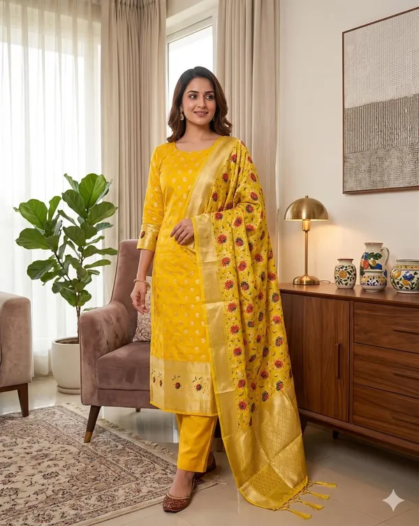 Yellow_Soft_Litchi_Banarasi_Silk_Weaving_Unstitched_Kurta_Set_For_Women