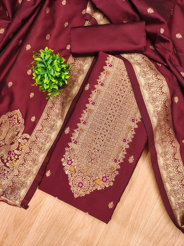 Maroon_Soft_Litchi_Banarasi_Silk_Weaving_Unstitched_Kurta_Set_For_Women