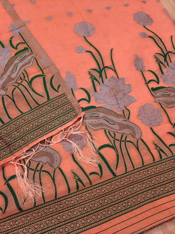 Peach_Muga_Banarasi_Cotton_Weaving_Unstitched_Kurta_Set_For_Women