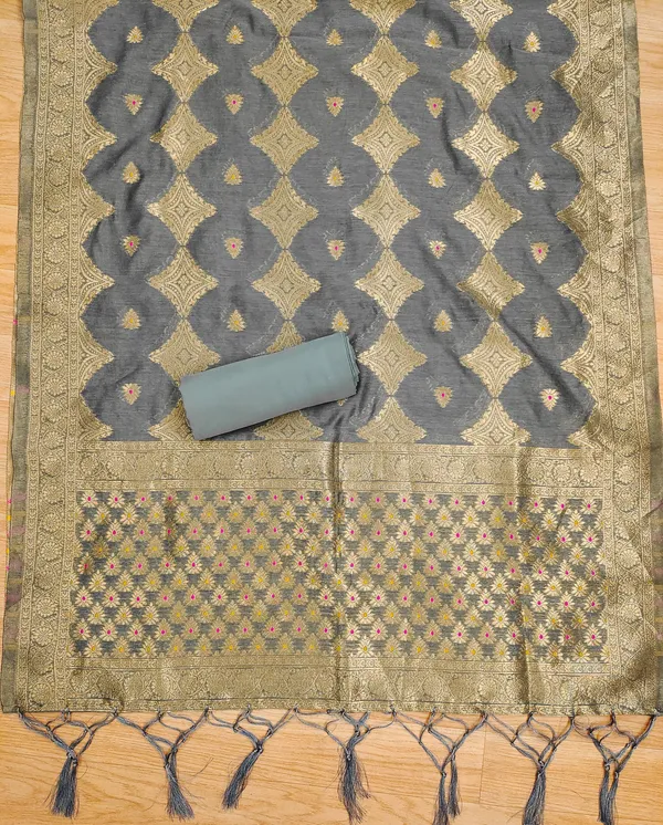 Grey_Chanderi_Banarasi_Cotton_Weaving_Unstitched_Kurta_Set_For_Women
