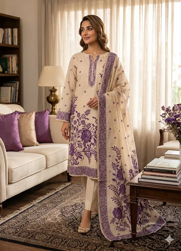 Cream_Jamdani_Banarasi_Cotton_Weaving_Unstitched_Kurta_Set_For_Women
