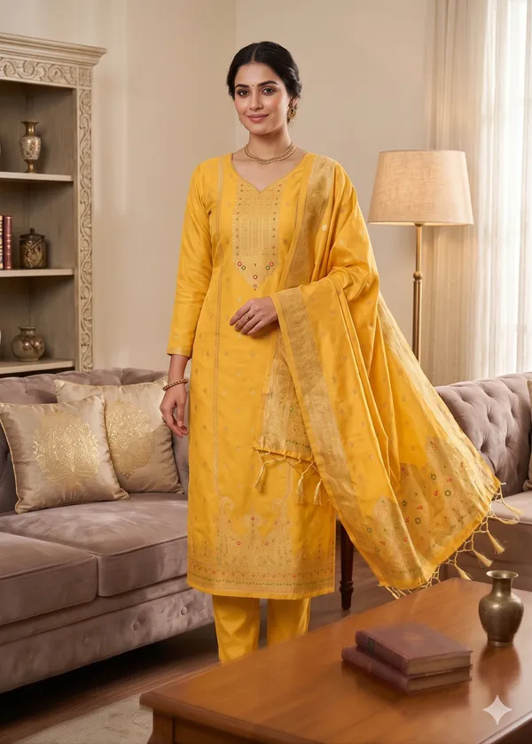 Yellow_Soft_Litchi_Banarasi_Silk_Weaving_Unstitched_Kurta_Set_For_Women