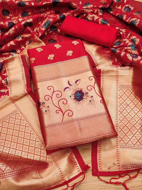 Red_Soft_Litchi_Banarasi_Silk_Weaving_Unstitched_Kurta_Set_For_Women