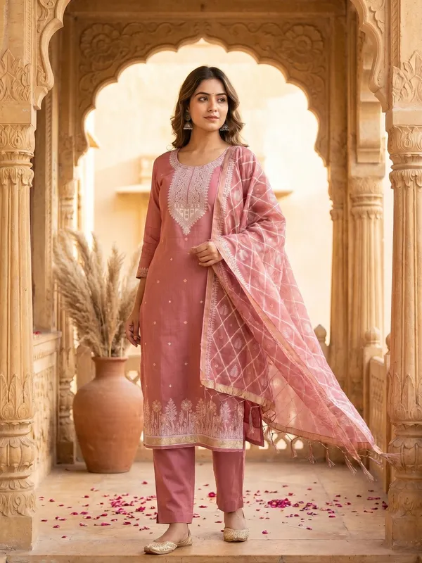 Pink_Jamdani_Banarasi_Cotton_Weaving_Unstitched_Kurta_Set_For_Women