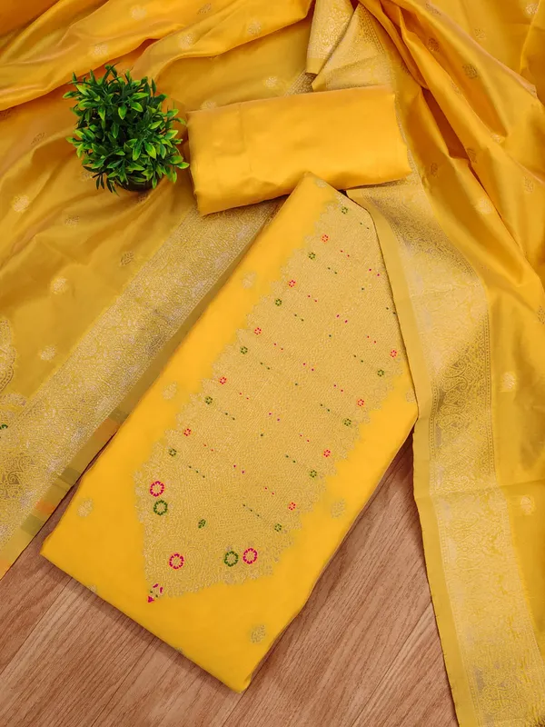 Yellow_Soft_Litchi_Banarasi_Silk_Weaving_Unstitched_Kurta_Set_For_Women