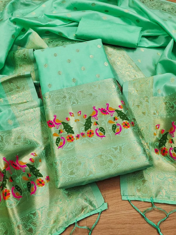 Sea_Green_Soft_Litchi_Banarasi_Silk_Weaving_Unstitched_Kurta_Set_For_Women
