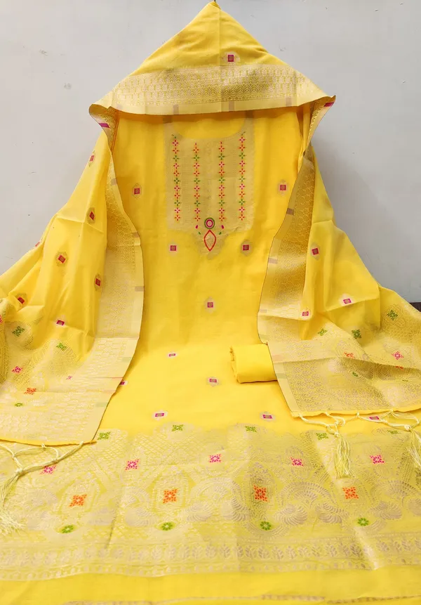 Yellow_Chanderi_Banarasi_Cotton_Weaving_Unstitched_Kurta_Set_For_Women