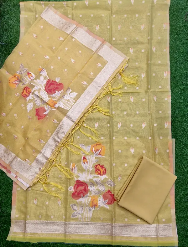 Yellow_Shimmer_Banarasi_Silk_Weaving_Unstitched_Kurta_Set_For_Women