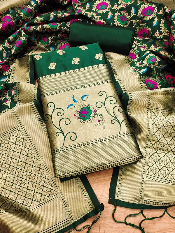 Bottle_Green_Soft_Litchi_Banarasi_Silk_Weaving_Unstitched_Kurta_Set_For_Women