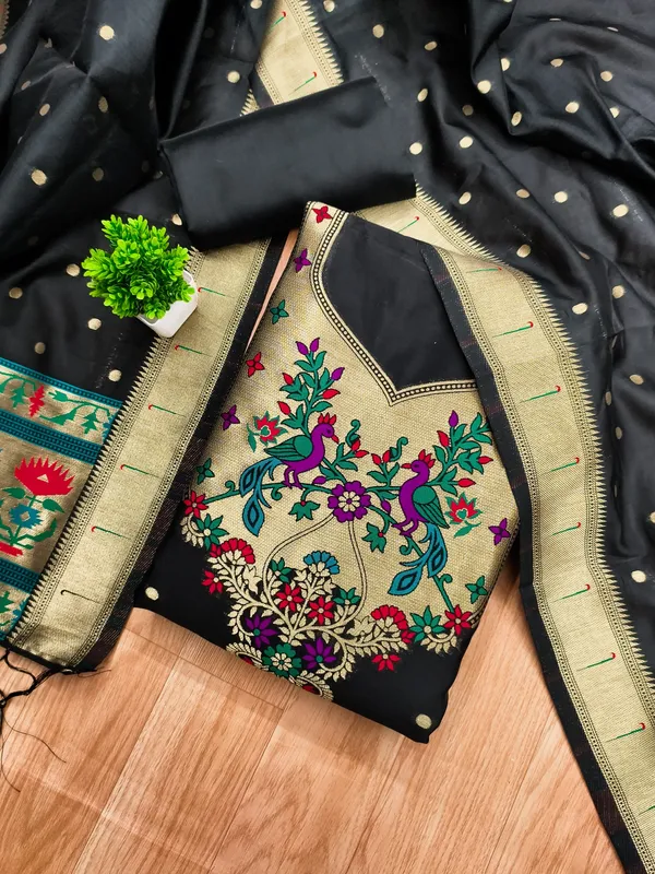 Black_Soft_Litchi_Banarasi_Silk_Weaving_Unstitched_Kurta_Set_For_Women
