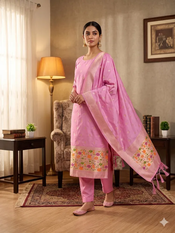 Baby_Pink_Soft_Litchi_Banarasi_Silk_Weaving_Unstitched_Kurta_Set_For_Women
