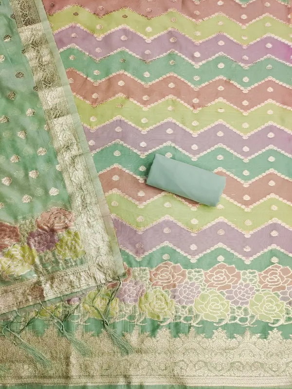 Green_Organza_Banarasi_Silk_Weaving_Unstitched_Kurta_Set_For_Women