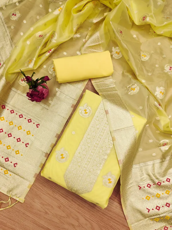 Yellow_Organza_Banarasi_Silk_Weaving_Unstitched_Kurta_Set_For_Women