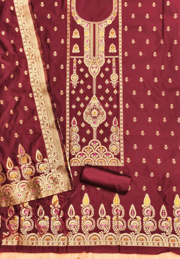 Maroon_Soft_Litchi_Banarasi_Silk_Weaving_Unstitched_Kurta_Set_For_Women