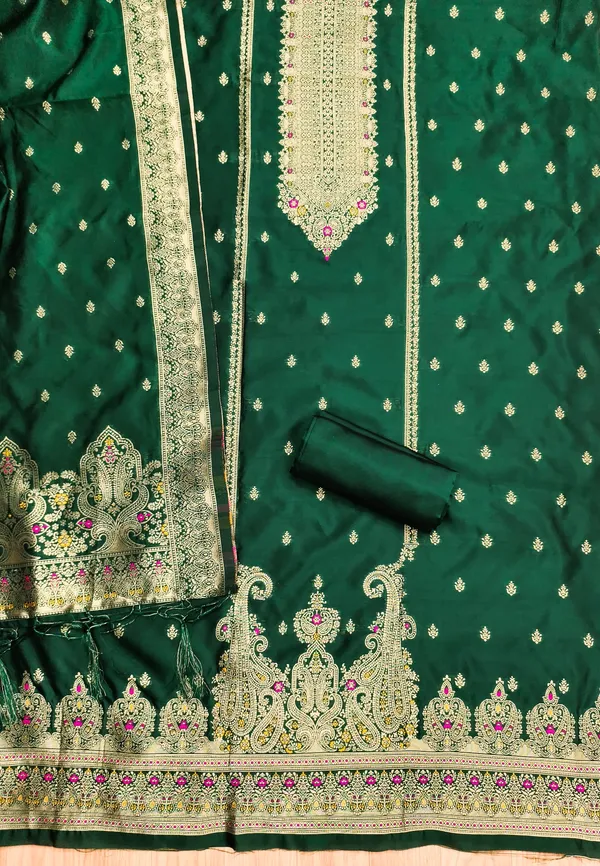Bottle_Green_Soft_Litchi_Banarasi_Silk_Weaving_Unstitched_Kurta_Set_For_Women