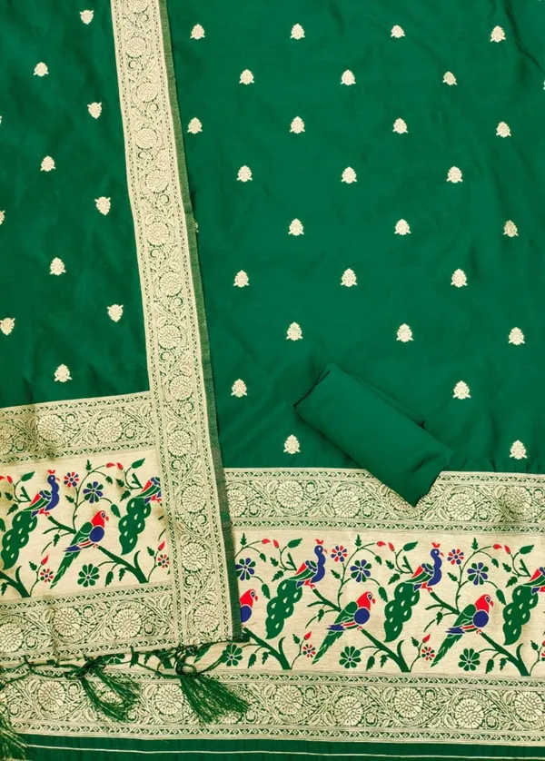 Green_Soft_Litchi_Banarasi_Silk_Weaving_Unstitched_Kurta_Set_For_Women