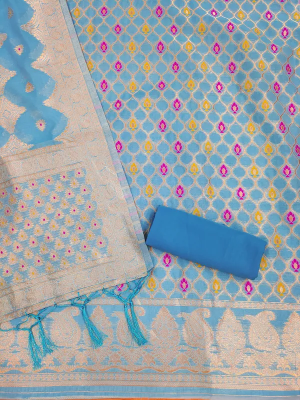 Sky_Blue_Chanderi_Banarasi_Cotton_Weaving_Unstitched_Kurta_Set_For_Women