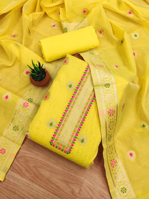 Yellow_Chanderi_Banarasi_Cotton_Weaving_Unstitched_Kurta_Set_For_Women