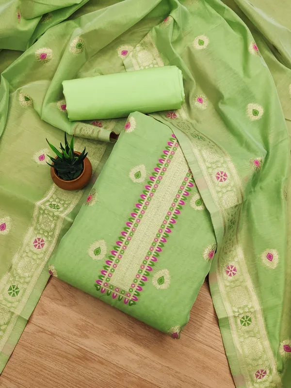 Pista_Chanderi_Banarasi_Cotton_Weaving_Unstitched_Kurta_Set_For_Women