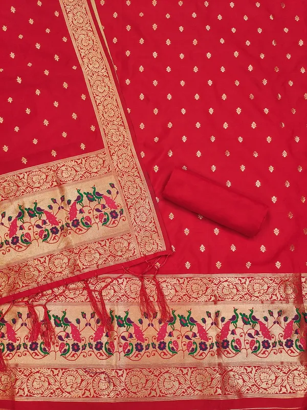 Red_Soft_Litchi_Banarasi_Silk_Weaving_Unstitched_Kurta_Set_For_Women