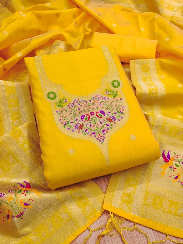 Yellow_Soft_Litchi_Banarasi_Silk_Weaving_Unstitched_Kurta_Set_For_Women