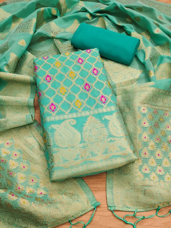 Sea_Green_Chanderi_Banarasi_Cotton_Weaving_Unstitched_Kurta_Set_For_Women