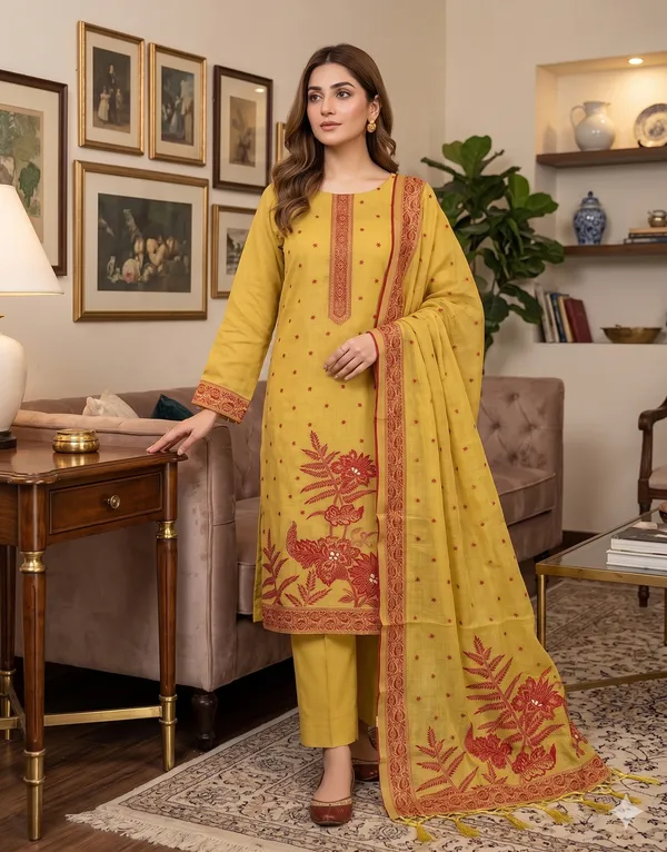 Yellow_Jamdani_Banarasi_Cotton_Weaving_Unstitched_Kurta_Set_For_Women
