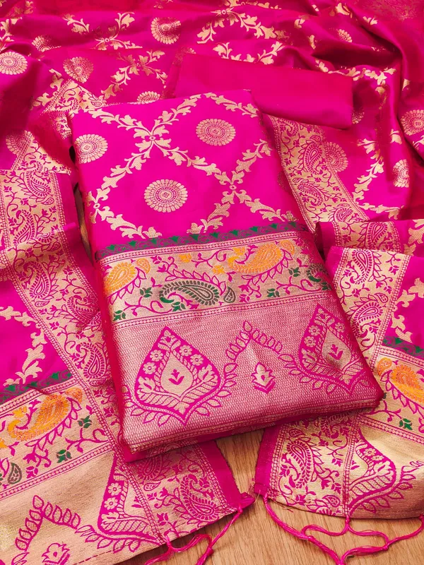 Pink_Soft_Litchi_Banarasi_Silk_Weaving_Unstitched_Kurta_Set_For_Women