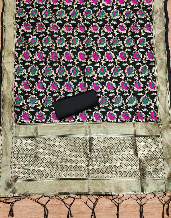 Black_Soft_Litchi_Banarasi_Silk_Weaving_Unstitched_Kurta_Set_For_Women