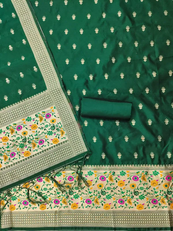 Bottle_Green_Soft_Litchi_Banarasi_Silk_Weaving_Unstitched_Kurta_Set_For_Women