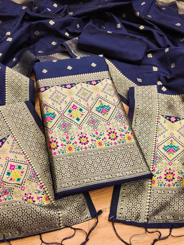 Navy_Blue_Soft_Litchi_Banarasi_Silk_Weaving_Unstitched_Kurta_Set_For_Women