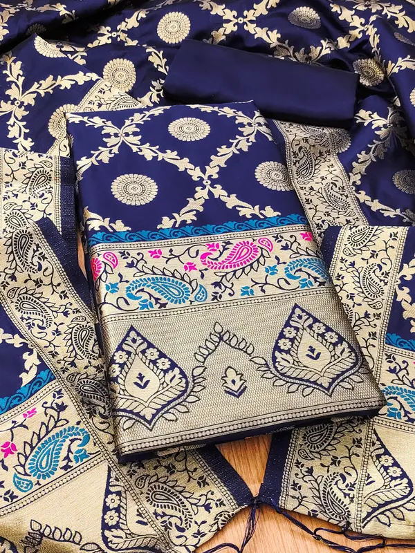 Navy_Blue_Soft_Litchi_Banarasi_Silk_Weaving_Unstitched_Kurta_Set_For_Women