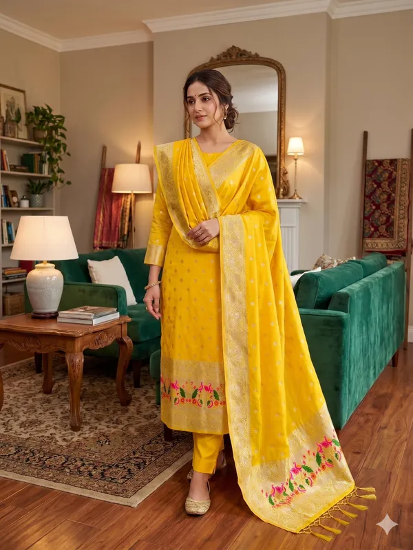 Yellow_Soft_Litchi_Banarasi_Silk_Weaving_Unstitched_Kurta_Set_For_Women