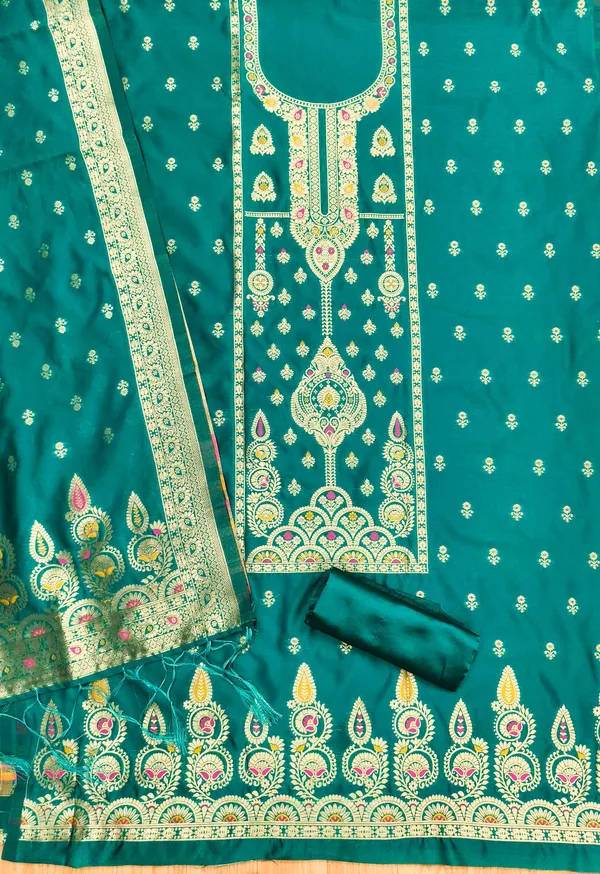 Teal_Soft_Litchi_Banarasi_Silk_Weaving_Unstitched_Kurta_Set_For_Women