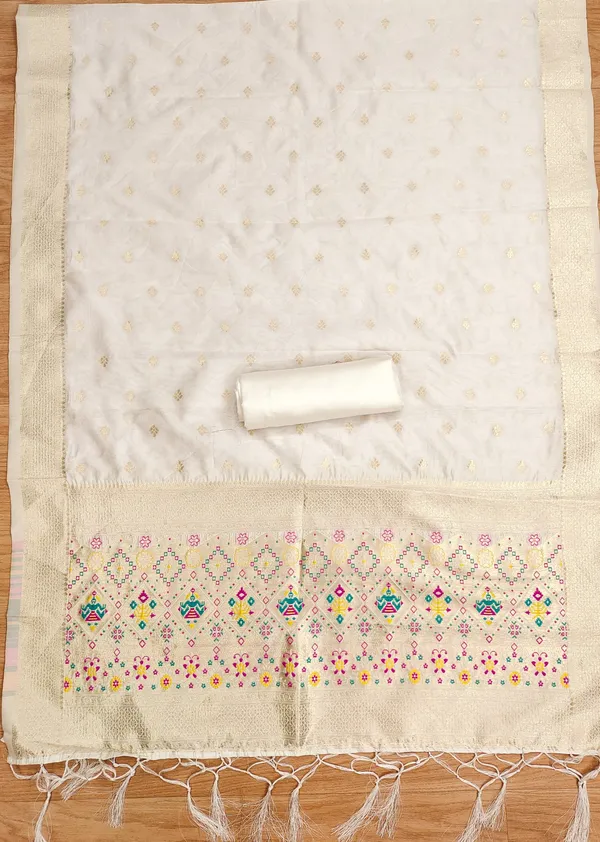 White_Soft_Litchi_Banarasi_Silk_Weaving_Unstitched_Kurta_Set_For_Women