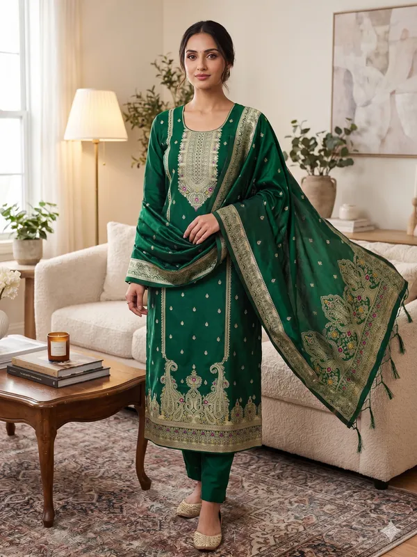 Bottle_Green_Soft_Litchi_Banarasi_Silk_Weaving_Unstitched_Kurta_Set_For_Women
