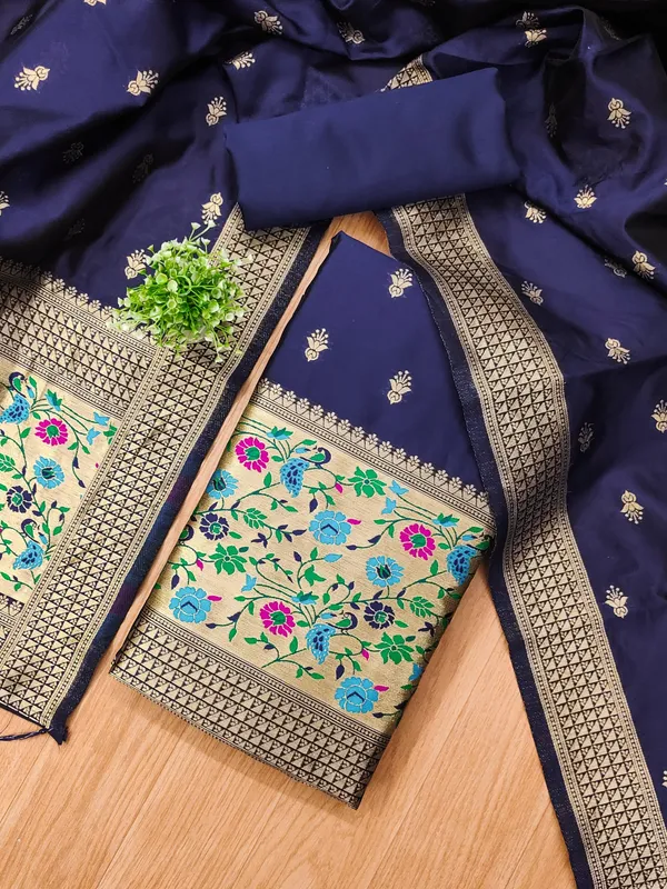 Navy_Blue_Soft_Litchi_Banarasi_Silk_Weaving_Unstitched_Kurta_Set_For_Women