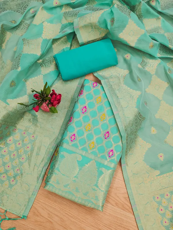 Sea_Green_Chanderi_Banarasi_Cotton_Weaving_Unstitched_Kurta_Set_For_Women