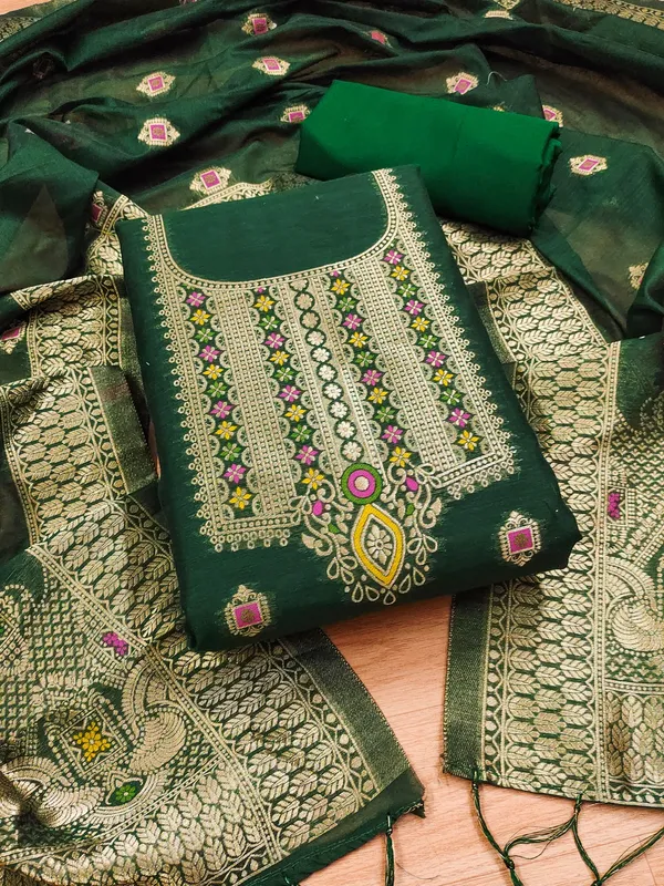 Bottle_Green_Chanderi_Banarasi_Cotton_Weaving_Unstitched_Kurta_Set_For_Women