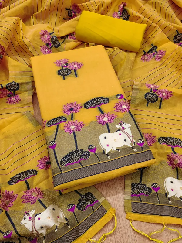 Yellow_Muga_Banarasi_Cotton_Weaving_Unstitched_Kurta_Set_For_Women