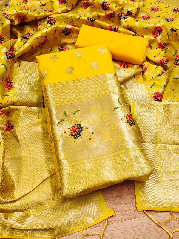 Yellow_Soft_Litchi_Banarasi_Silk_Weaving_Unstitched_Kurta_Set_For_Women
