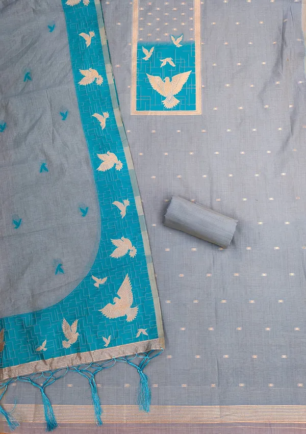 Grey_Jamdani_Banarasi_Cotton_Weaving_Unstitched_Kurta_Set_For_Women
