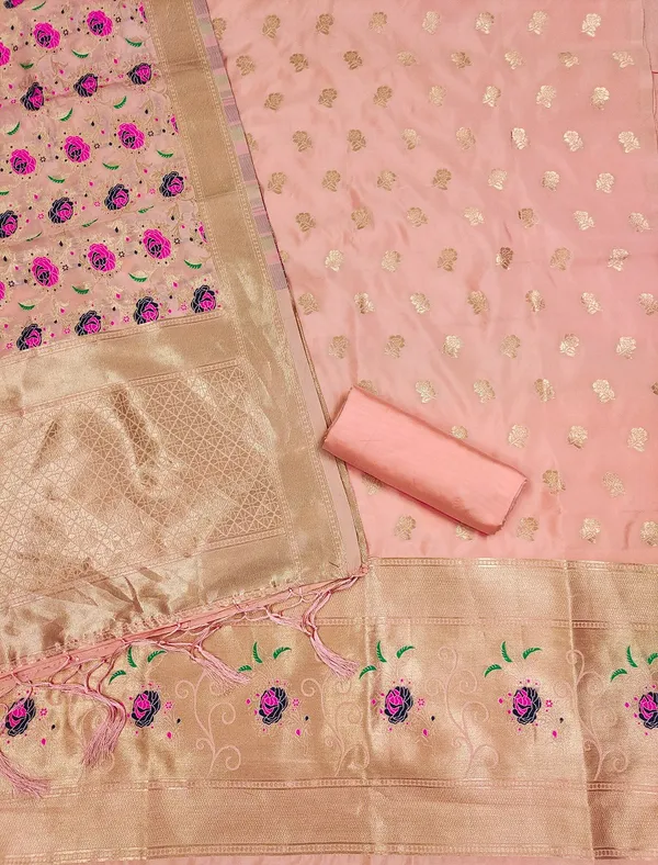 Peach_Soft_Litchi_Banarasi_Silk_Weaving_Unstitched_Kurta_Set_For_Women