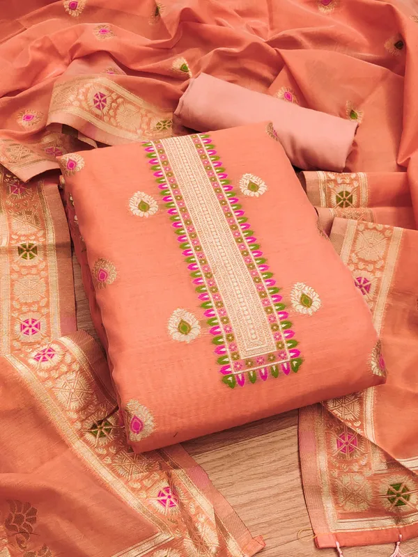 Peach_Chanderi_Banarasi_Cotton_Weaving_Unstitched_Kurta_Set_For_Women