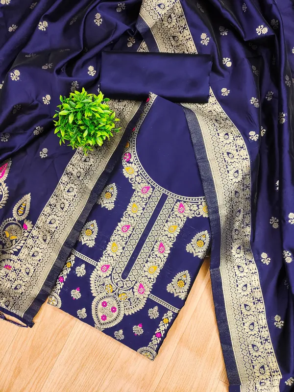 Navy_Blue_Soft_Litchi_Banarasi_Silk_Weaving_Unstitched_Kurta_Set_For_Women